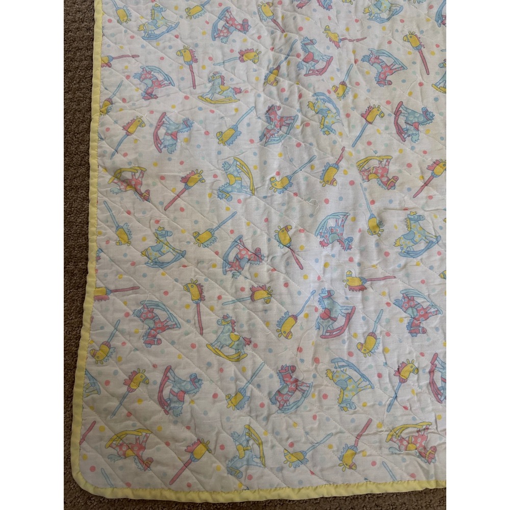 Vintage Quilted Baby Blanket Rocking Horse Stick Pony Pastel Polka Dot Yellow